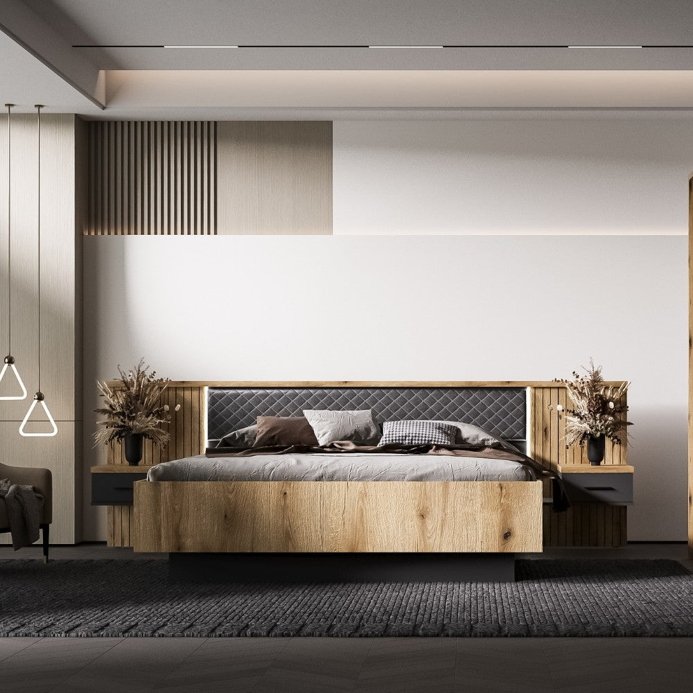 Struttura letto matrimoniale Esteban296 con testiera a boiserie dogata con luci LED e comodini integrati in rovere e antracite