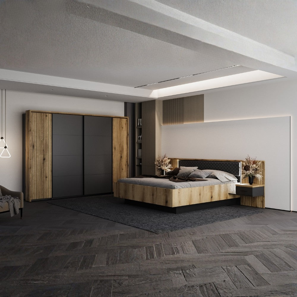 Struttura letto matrimoniale Esteban296 con testiera a boiserie dogata con luci LED e comodini integrati in rovere e antracite
