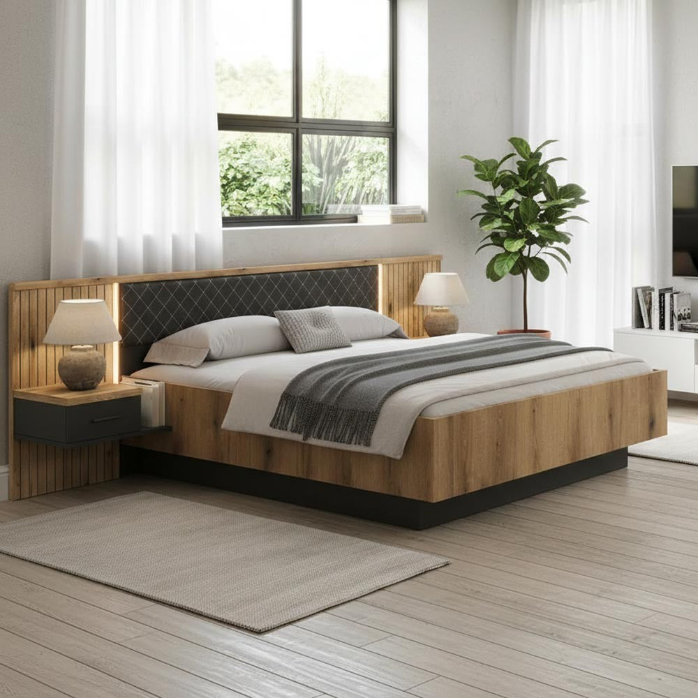 Struttura letto matrimoniale Esteban296 con testiera a boiserie dogata con luci LED e comodini integrati in rovere e antracite