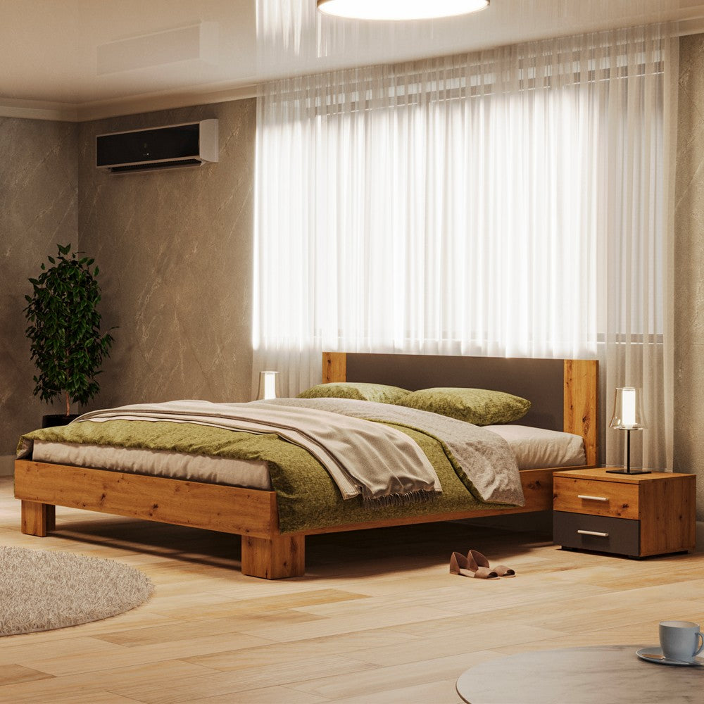 Struttura letto matrimoniale Meria 180 cm. con comodini integrati antracite e rovere