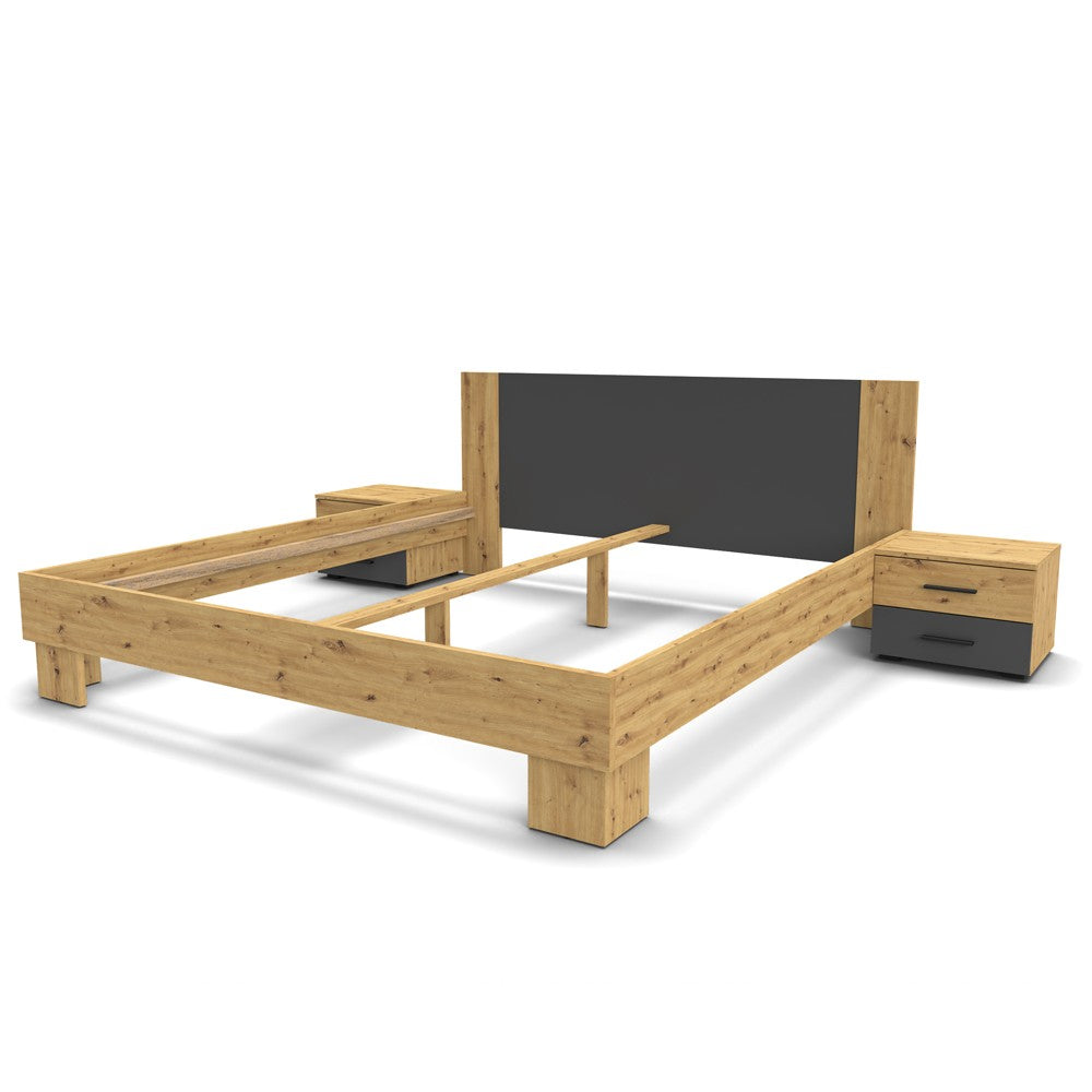 Struttura letto matrimoniale Meria 180 cm. con comodini integrati antracite e rovere