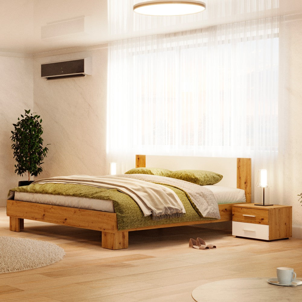 Struttura letto matrimoniale Meria 180 cm. con comodini integrati bianco e rovere