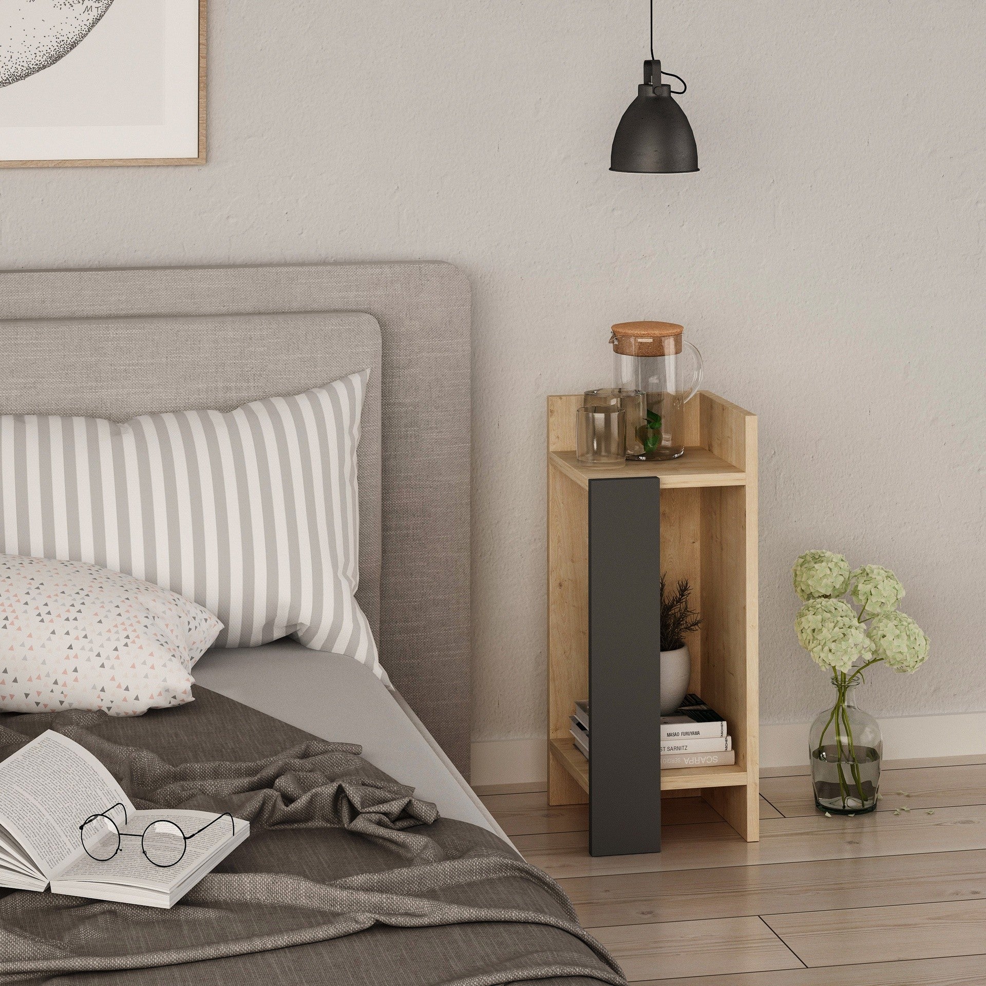 Tavolino comodino di design Elos colore rovere oak pannello antracite 27x25x60h destro