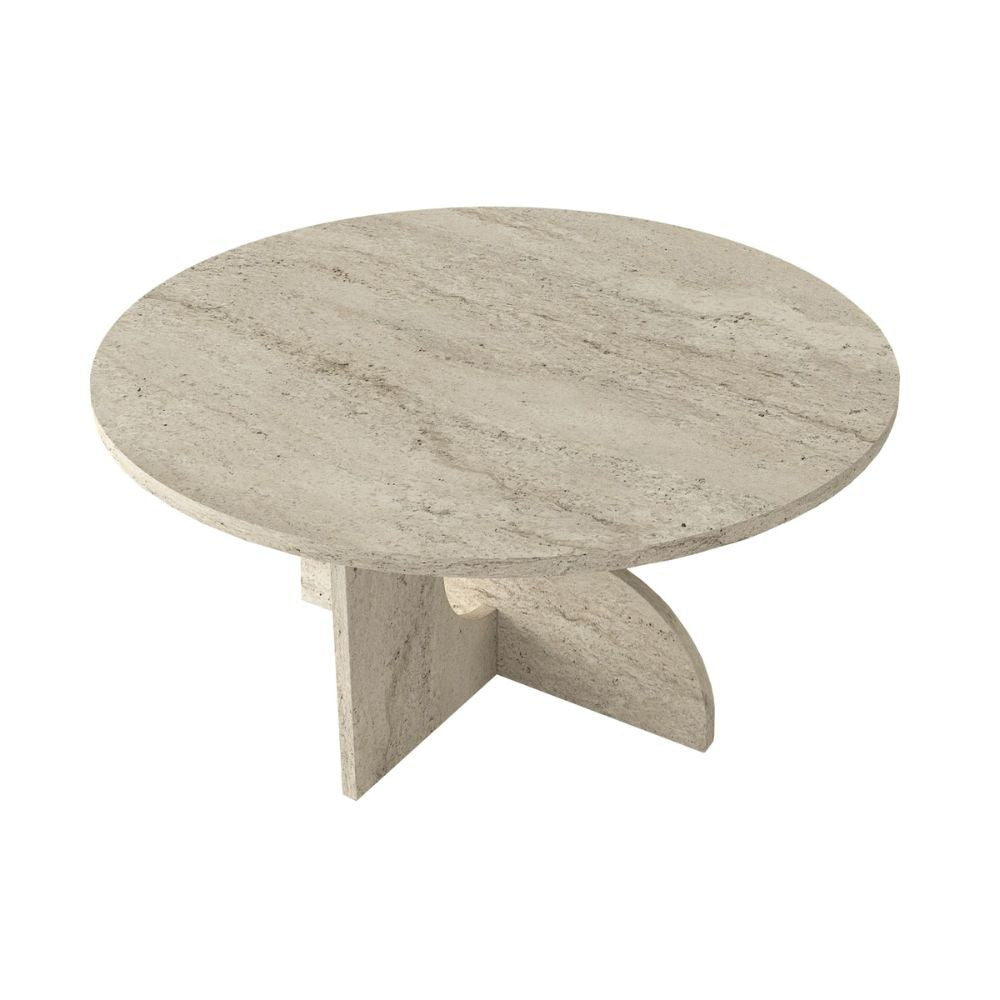 Tavolino da salotto Mara con piano tondo e gambe con dettagli geometrici colore travertino