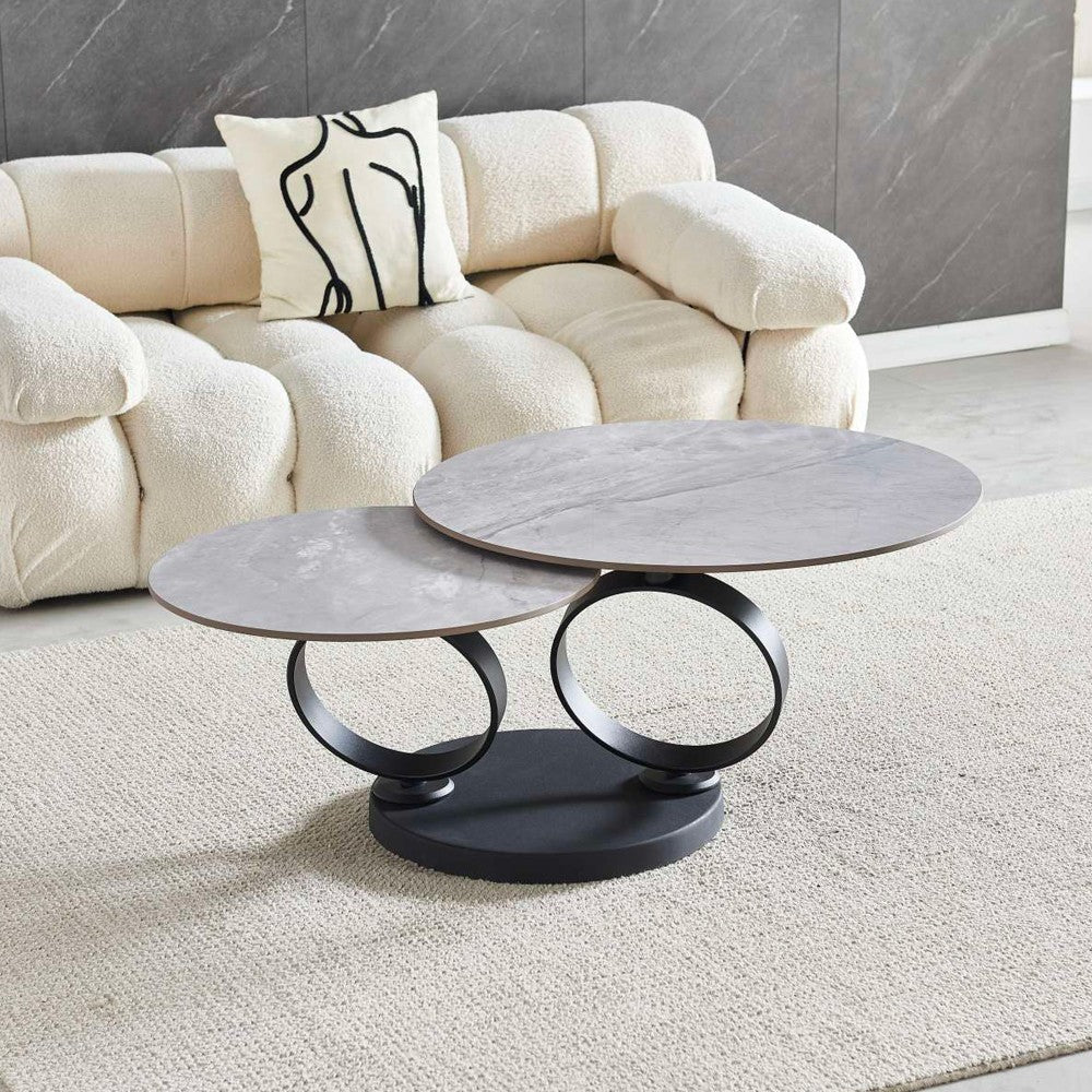 Tavolino doppio Gleam con piano in ceramica grigio lucido e struttura in metallo nero
