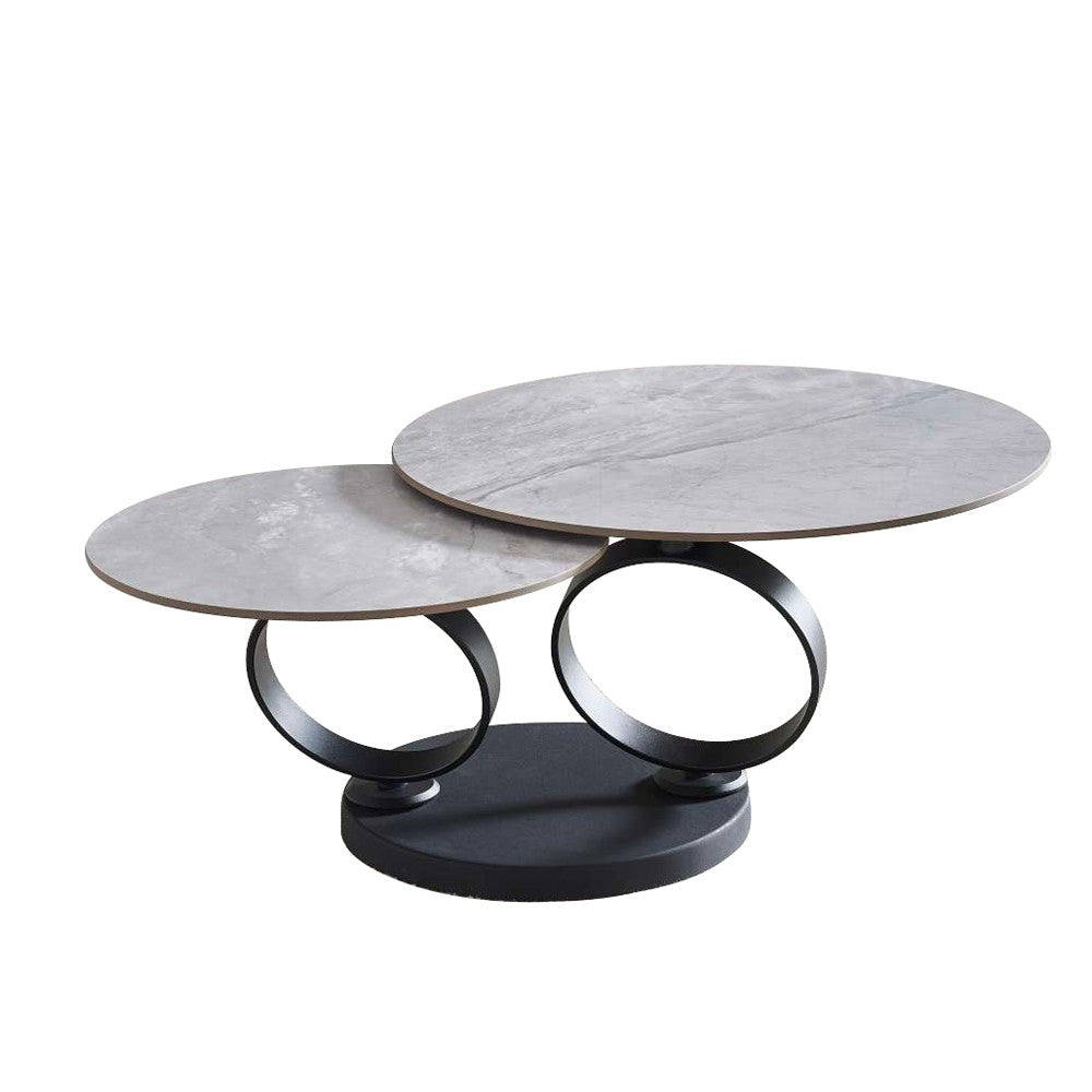 Tavolino doppio Gleam con piano in ceramica grigio lucido e struttura in metallo nero