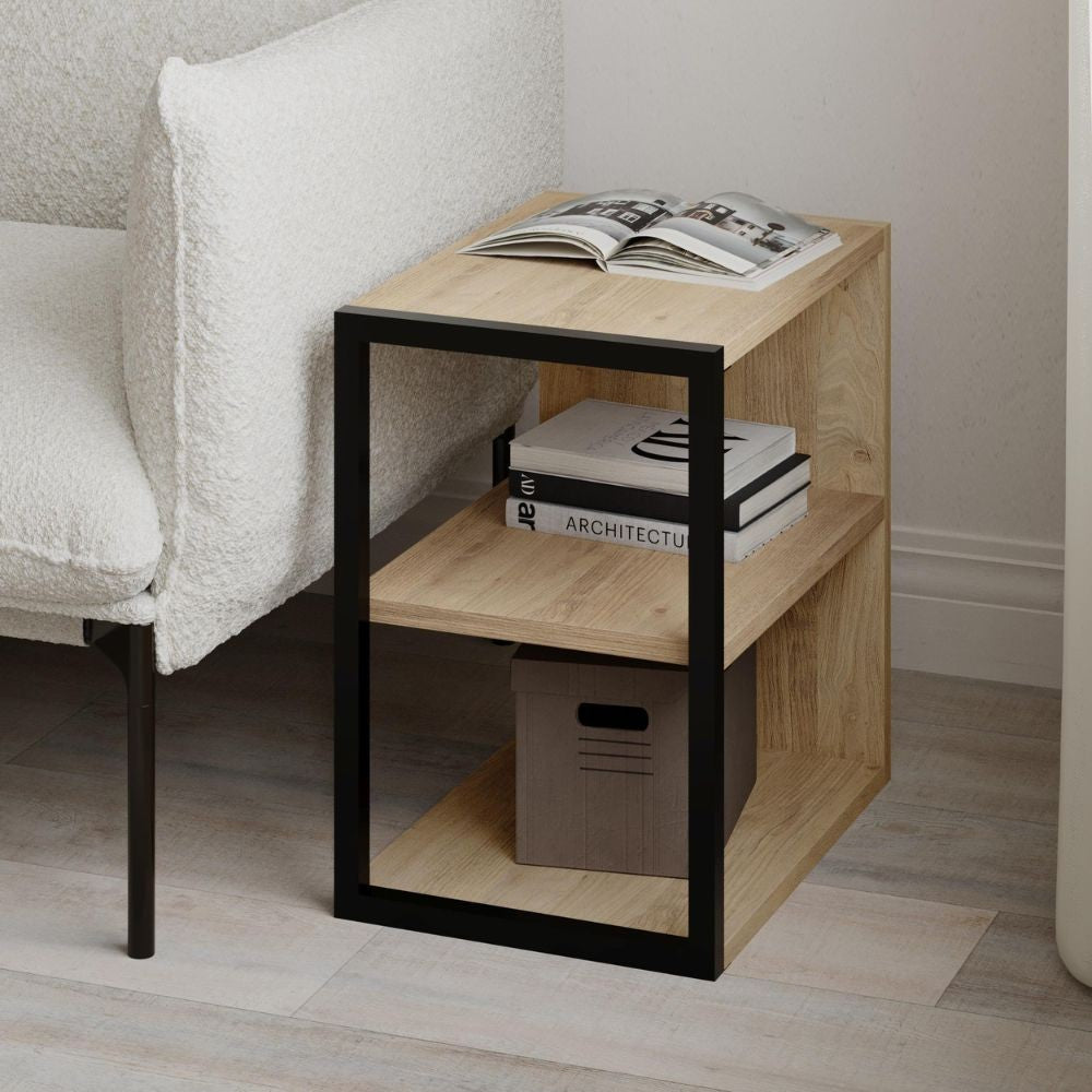 Tavolino Echo con 1 ripiano e dettaglio frontale nero colore rovere