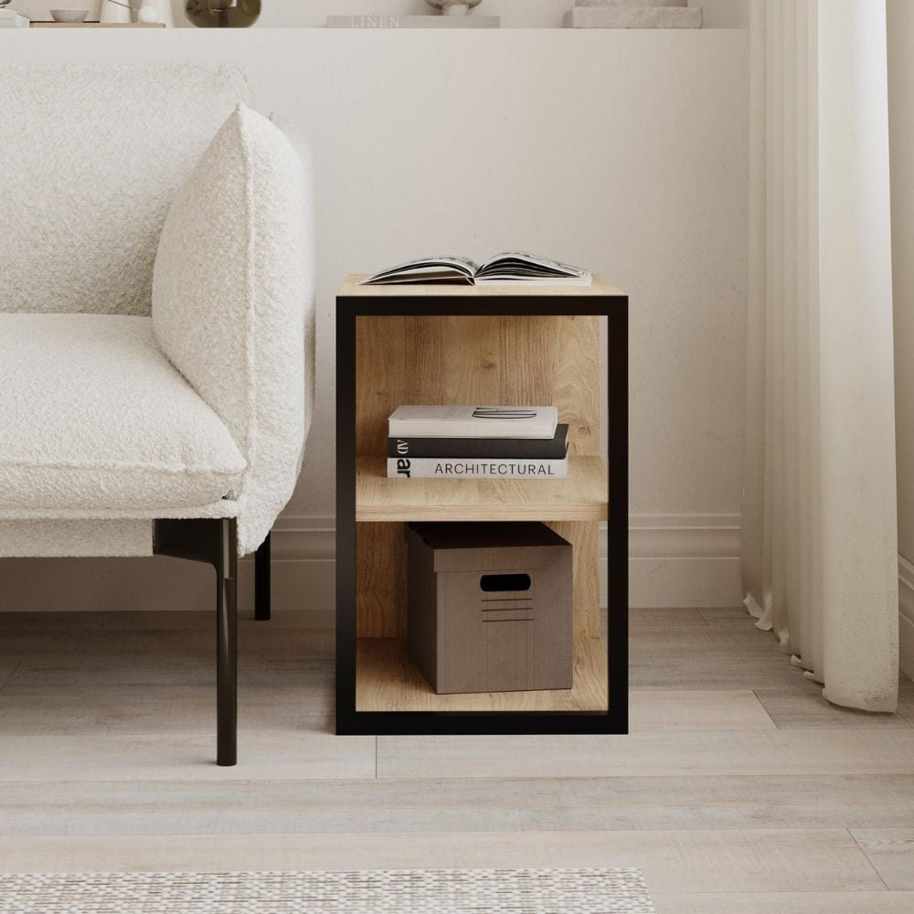 Tavolino Echo con 1 ripiano e dettaglio frontale nero colore rovere