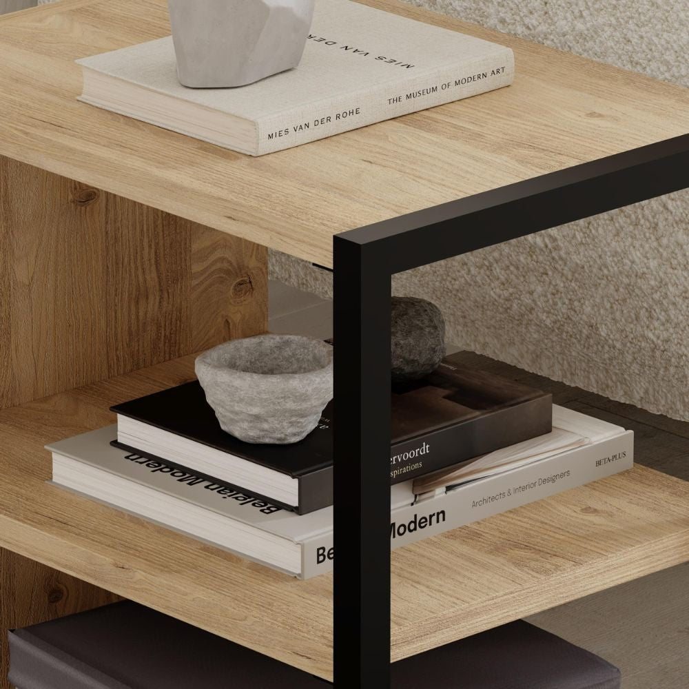 Tavolino Echo con 1 ripiano e dettaglio frontale nero colore rovere