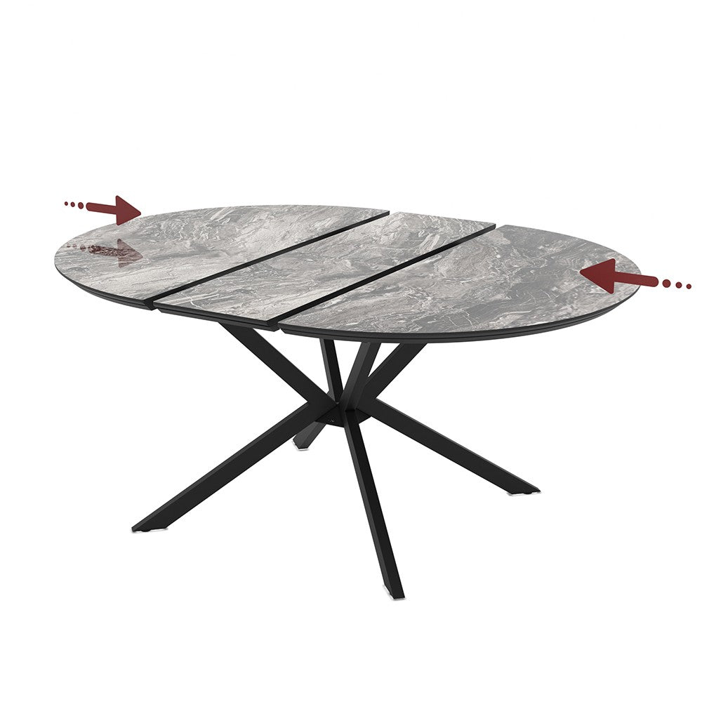 Tavolo allungabile Dobok con allunga 34 cm colore piano effetto marmo nero arabesque lucido e gambe in metallo nero