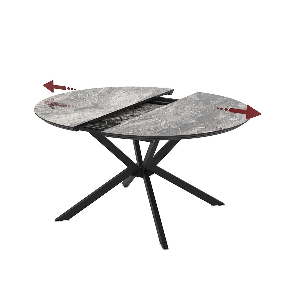 Tavolo allungabile Dobok con allunga 34 cm colore piano effetto marmo nero arabesque lucido e gambe in metallo nero