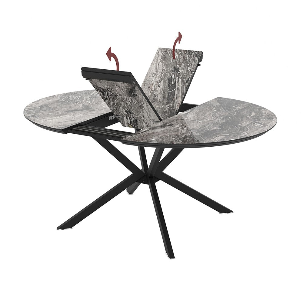 Tavolo allungabile Dobok con allunga 34 cm colore piano effetto marmo nero arabesque lucido e gambe in metallo nero