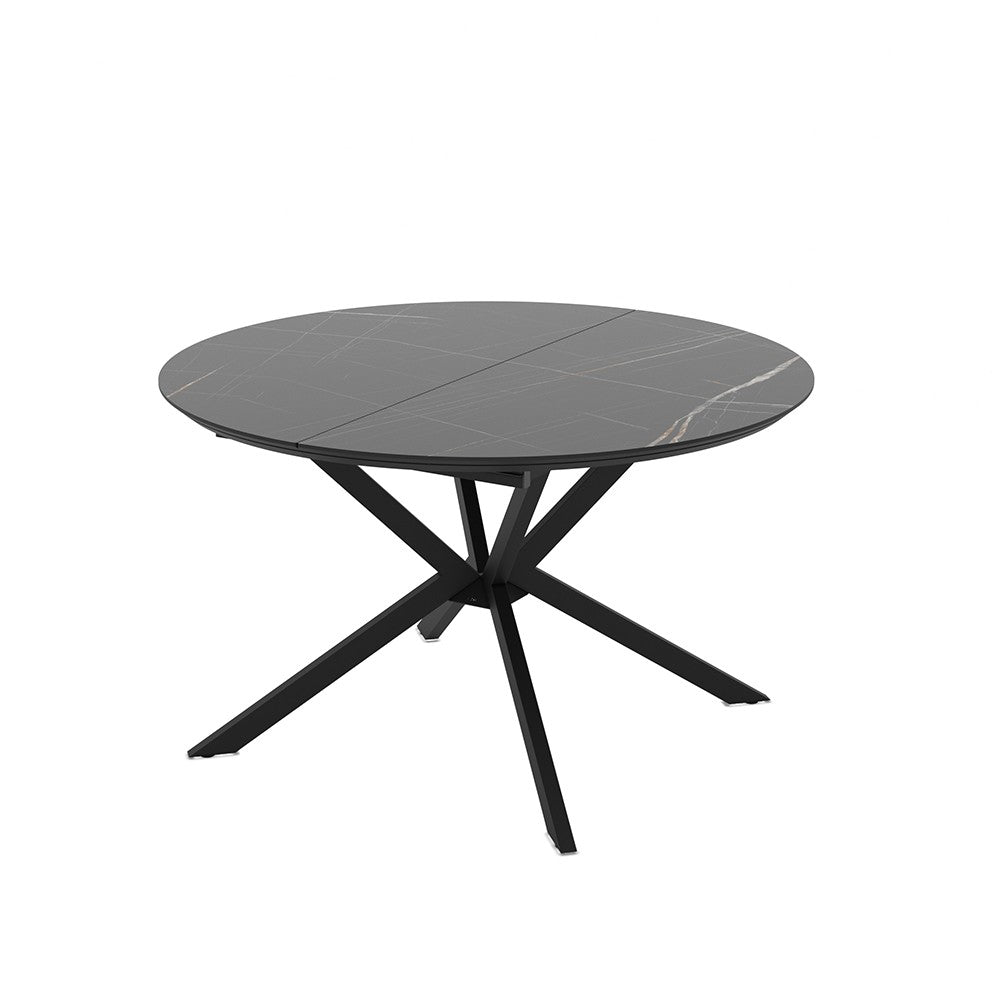 Tavolo allungabile Dobok con allunga 34 cm con piano effetto marmo nero con dettagli oro lucido e gambe in metallo nero