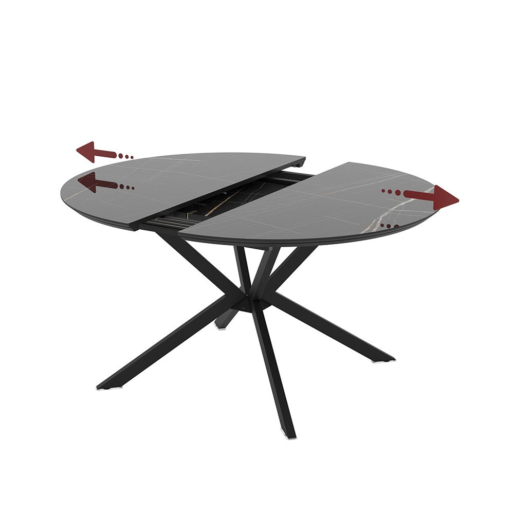 Tavolo allungabile Dobok con allunga 34 cm con piano effetto marmo nero con dettagli oro lucido e gambe in metallo nero