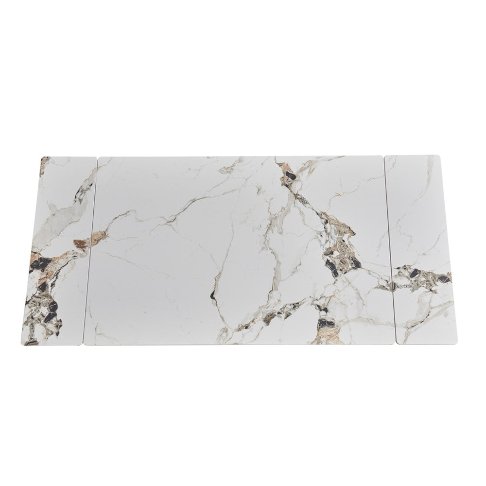 Tavolo allungabile Expandia con piano in ceramica e allunghe laterali effetto marmo bianco e gambe in metallo nero