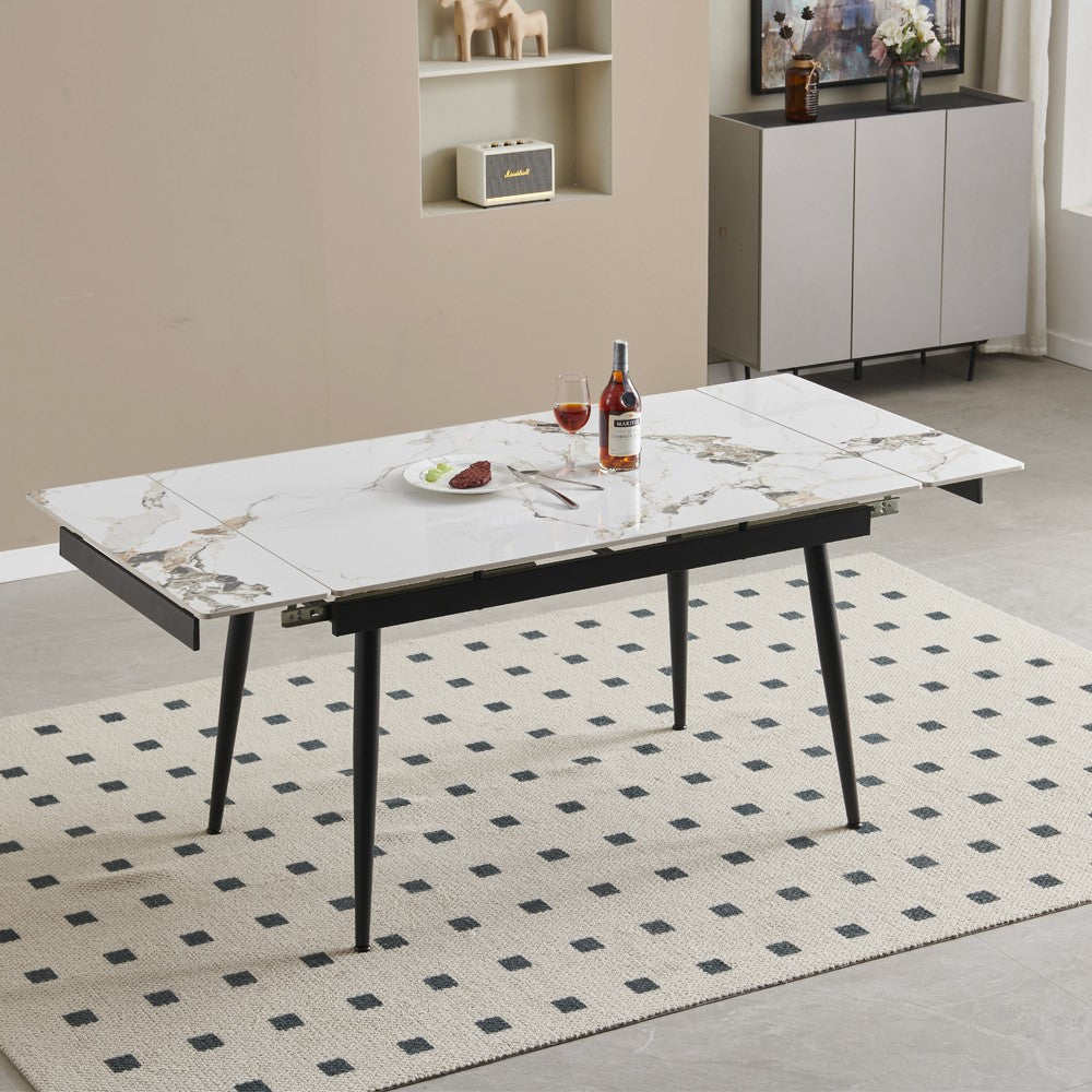 Tavolo allungabile Expandia con piano in ceramica e allunghe laterali effetto marmo bianco e gambe in metallo nero