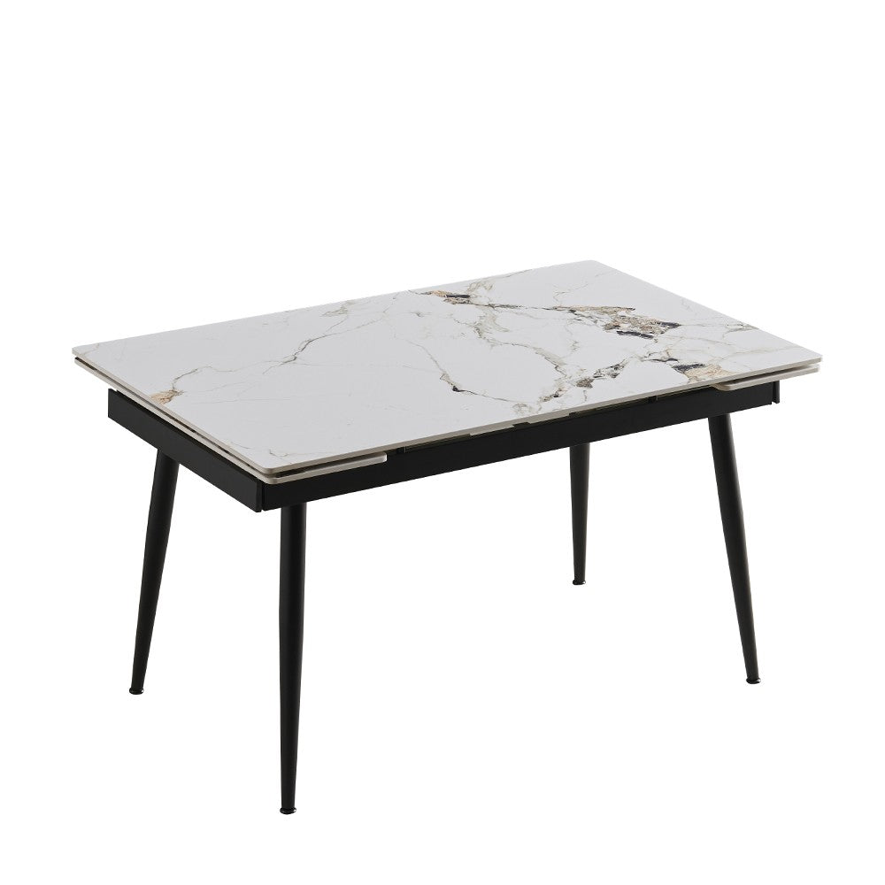 Tavolo allungabile Expandia con piano in ceramica e allunghe laterali effetto marmo bianco e gambe in metallo nero
