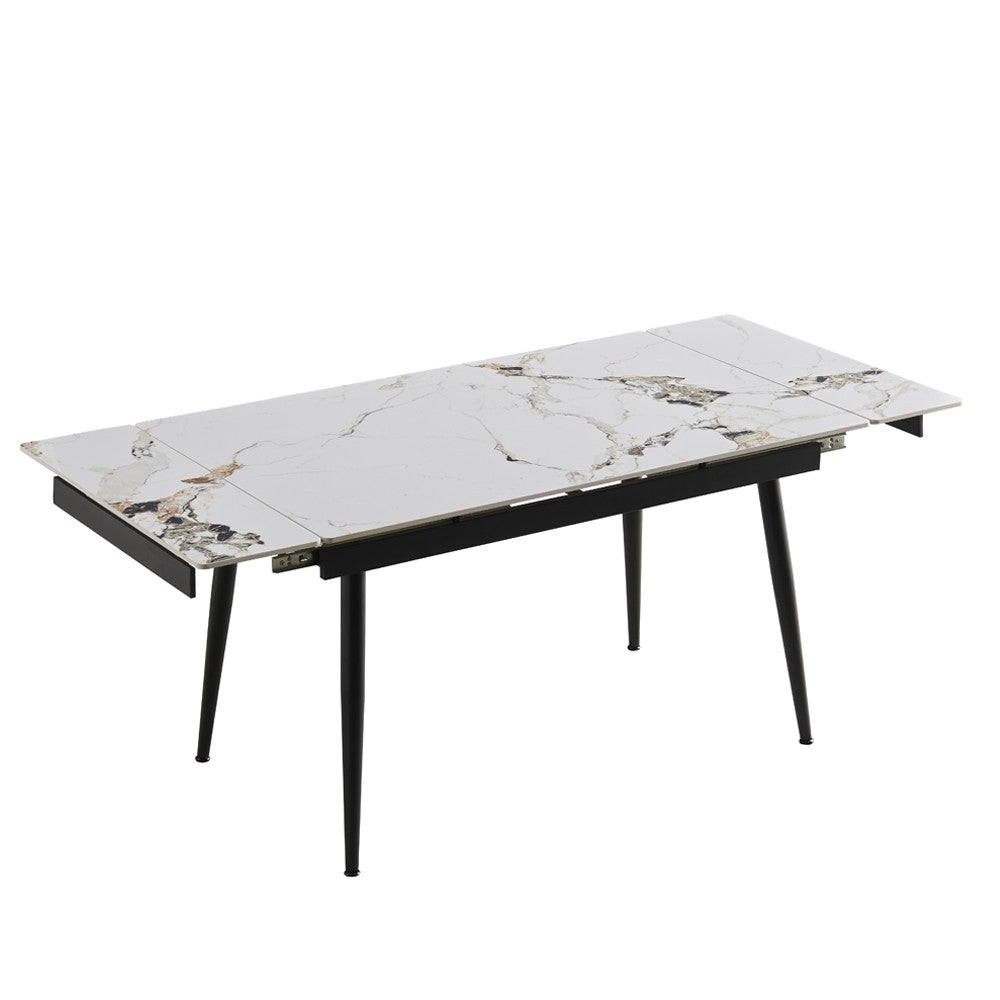 Tavolo allungabile Expandia con piano in ceramica e allunghe laterali effetto marmo bianco e gambe in metallo nero
