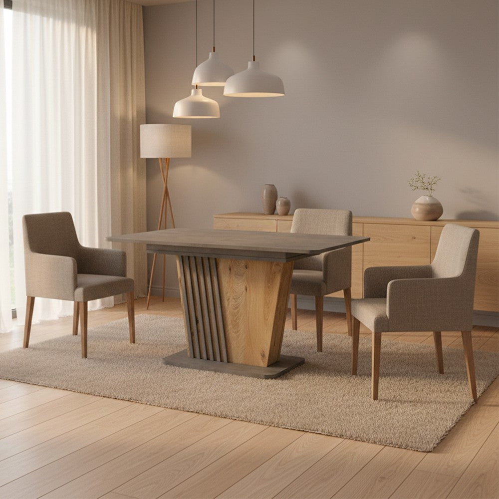 Tavolo allungabile Luna con piano e base colore cemento e gamba in rovere con dettaglio listellare