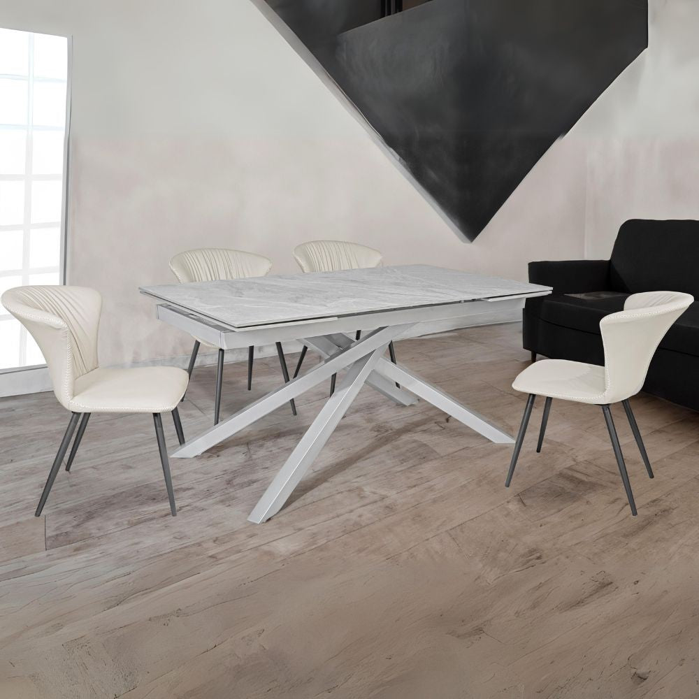 Tavolo allungabile Nefti con top in ceramica colore grigio chiaro italiano lucido con gambe argento