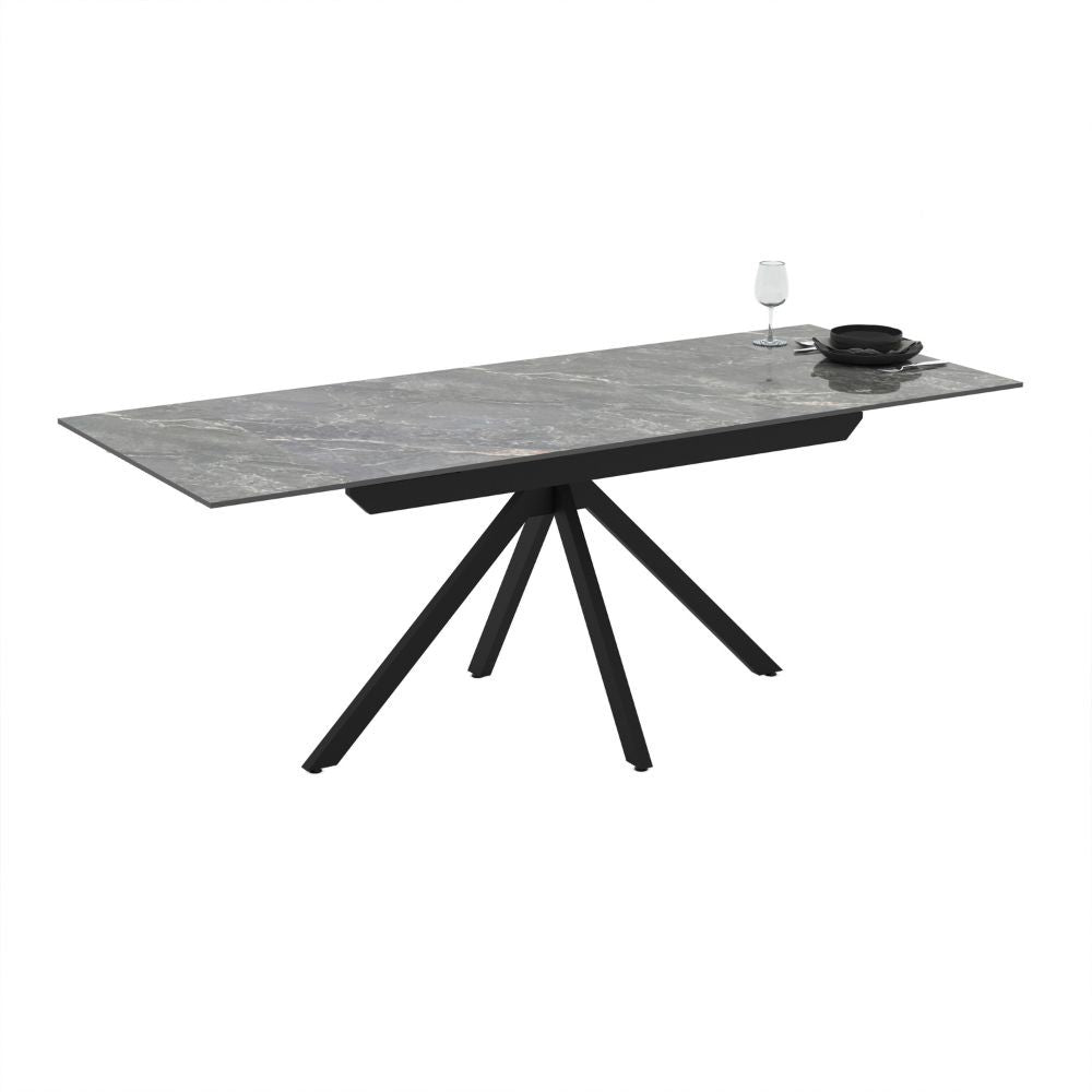 Tavolo allungabile Perla con piano in ceramica effetto marmo grigio e gambe in metallo nero