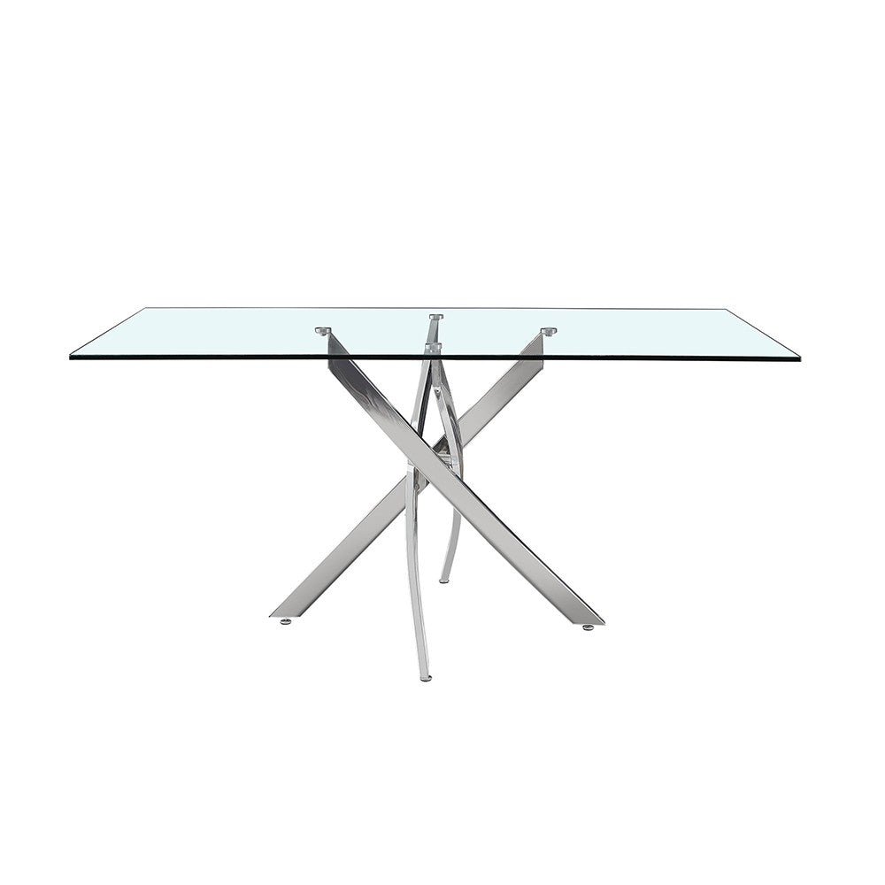 Tavolo da pranzo rettangolare fisso Peyton con piano in vetro temperato e gambe cromate 160x90 cm.