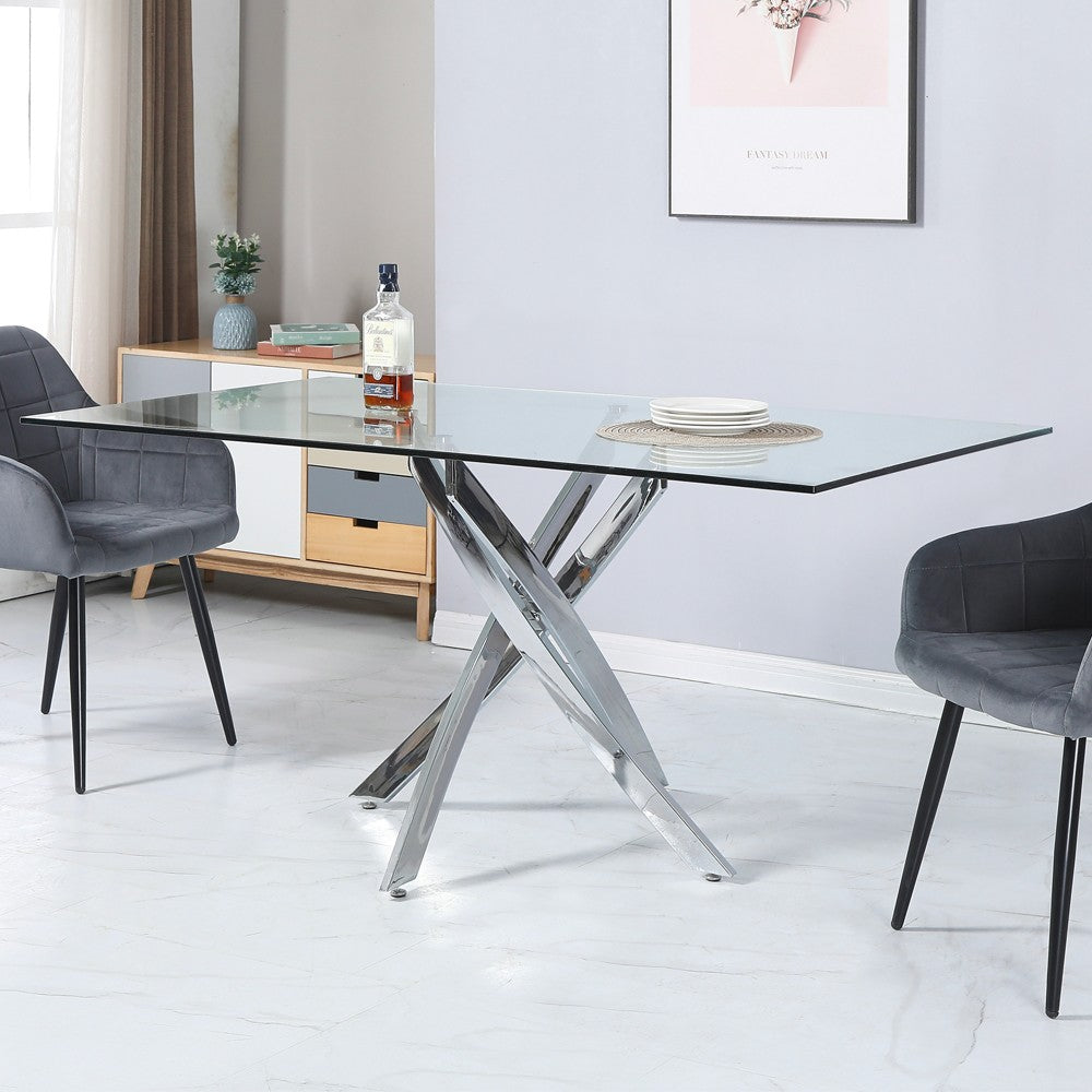 Tavolo da pranzo rettangolare fisso Peyton con piano in vetro temperato e gambe cromate 160x90 cm.