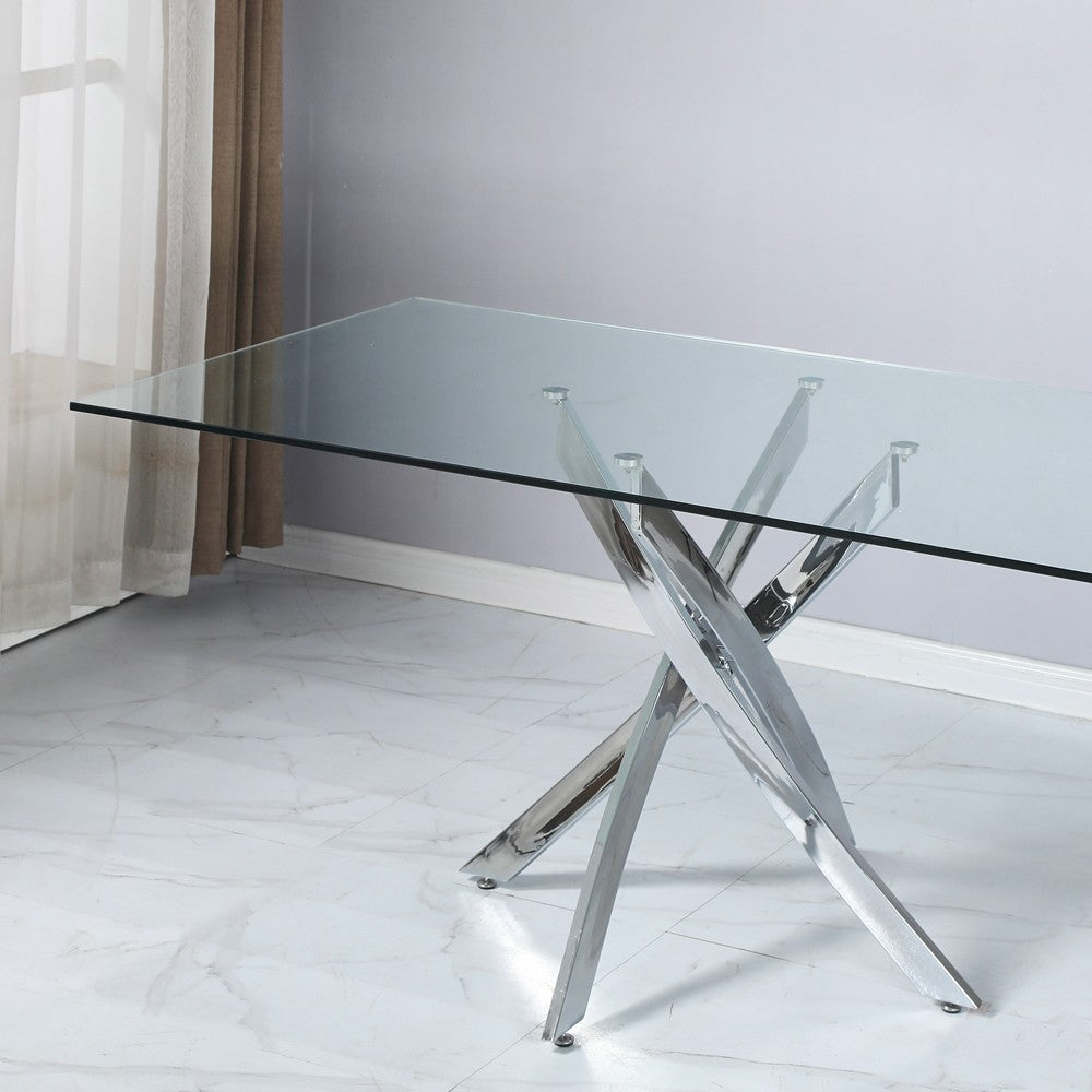 Tavolo da pranzo rettangolare fisso Peyton con piano in vetro temperato e gambe cromate 160x90 cm.