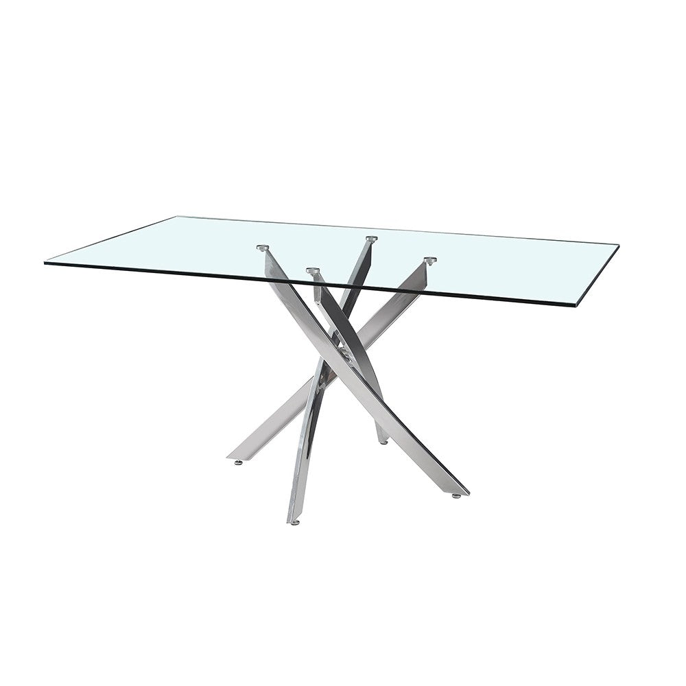Tavolo da pranzo rettangolare fisso Peyton con piano in vetro temperato e gambe cromate 160x90 cm.
