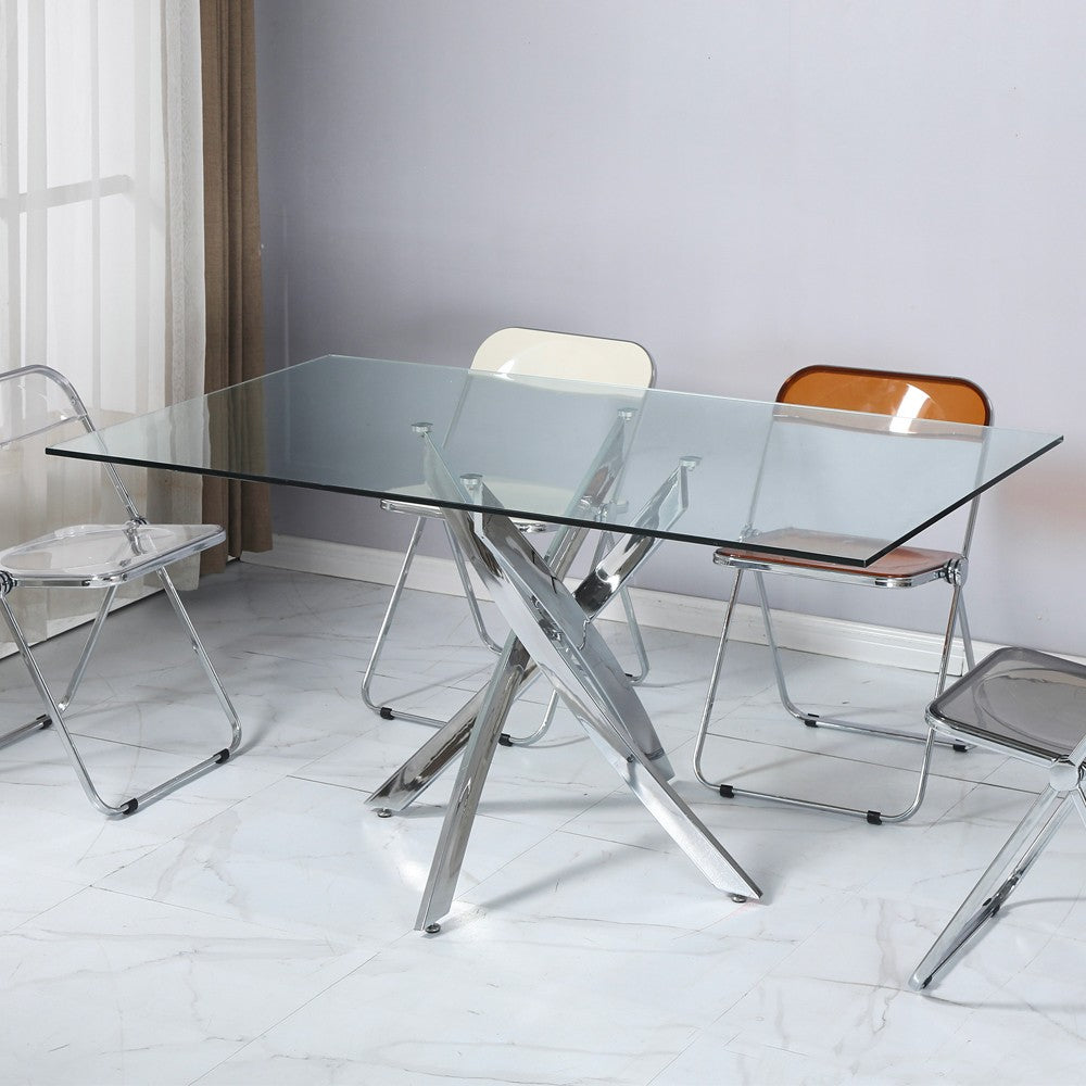 Tavolo da pranzo rettangolare fisso Peyton con piano in vetro temperato e gambe cromate 160x90 cm.