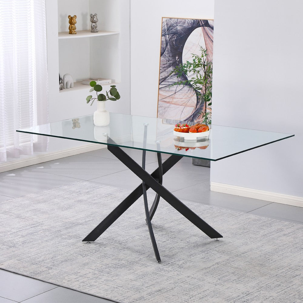 Tavolo da pranzo rettangolare fisso Peyton con piano in vetro temperato e gambe nero 160x90 cm.