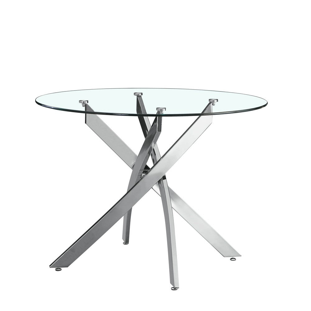 Tavolo da pranzo tondo fisso Peyton con piano in vetro temperato e gambe cromate 100x100 cm.