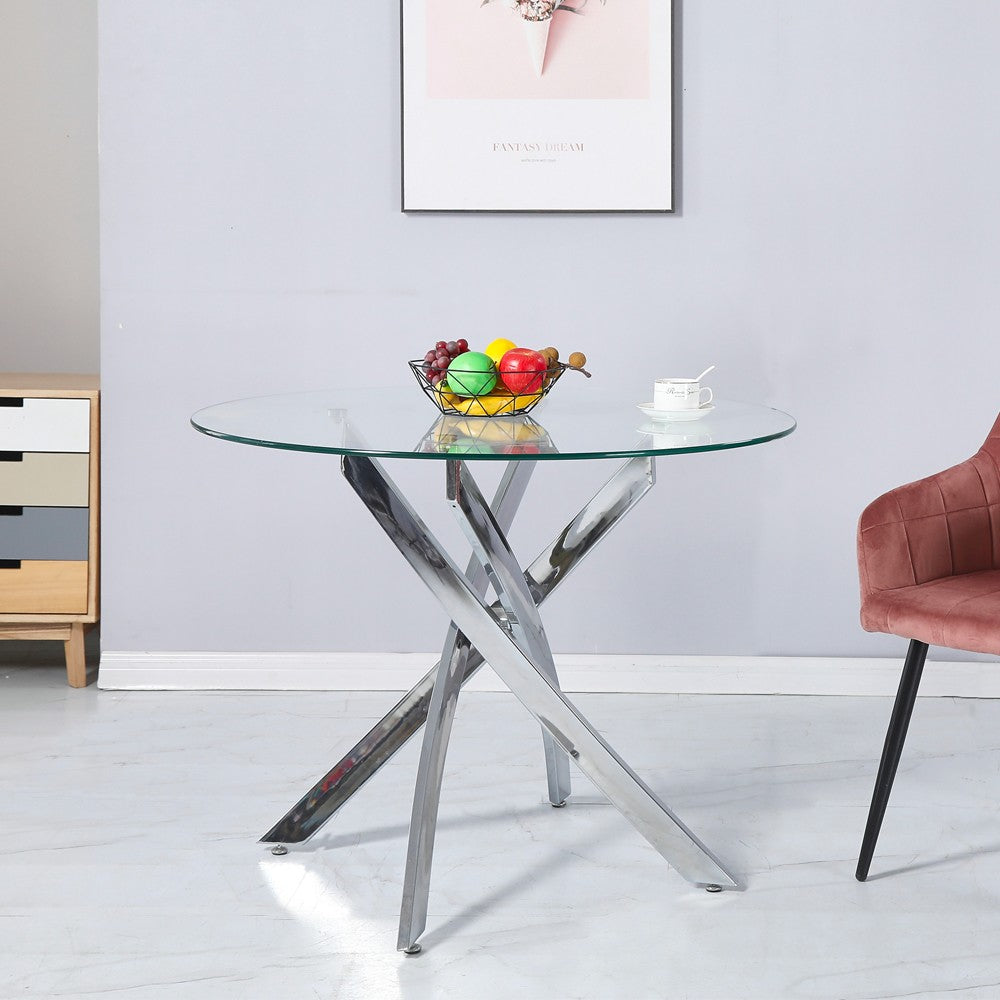 Tavolo da pranzo tondo fisso Peyton con piano in vetro temperato e gambe cromate 100x100 cm.