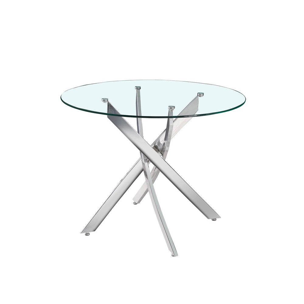 Tavolo da pranzo tondo fisso Peyton con piano in vetro temperato e gambe cromate 100x100 cm.