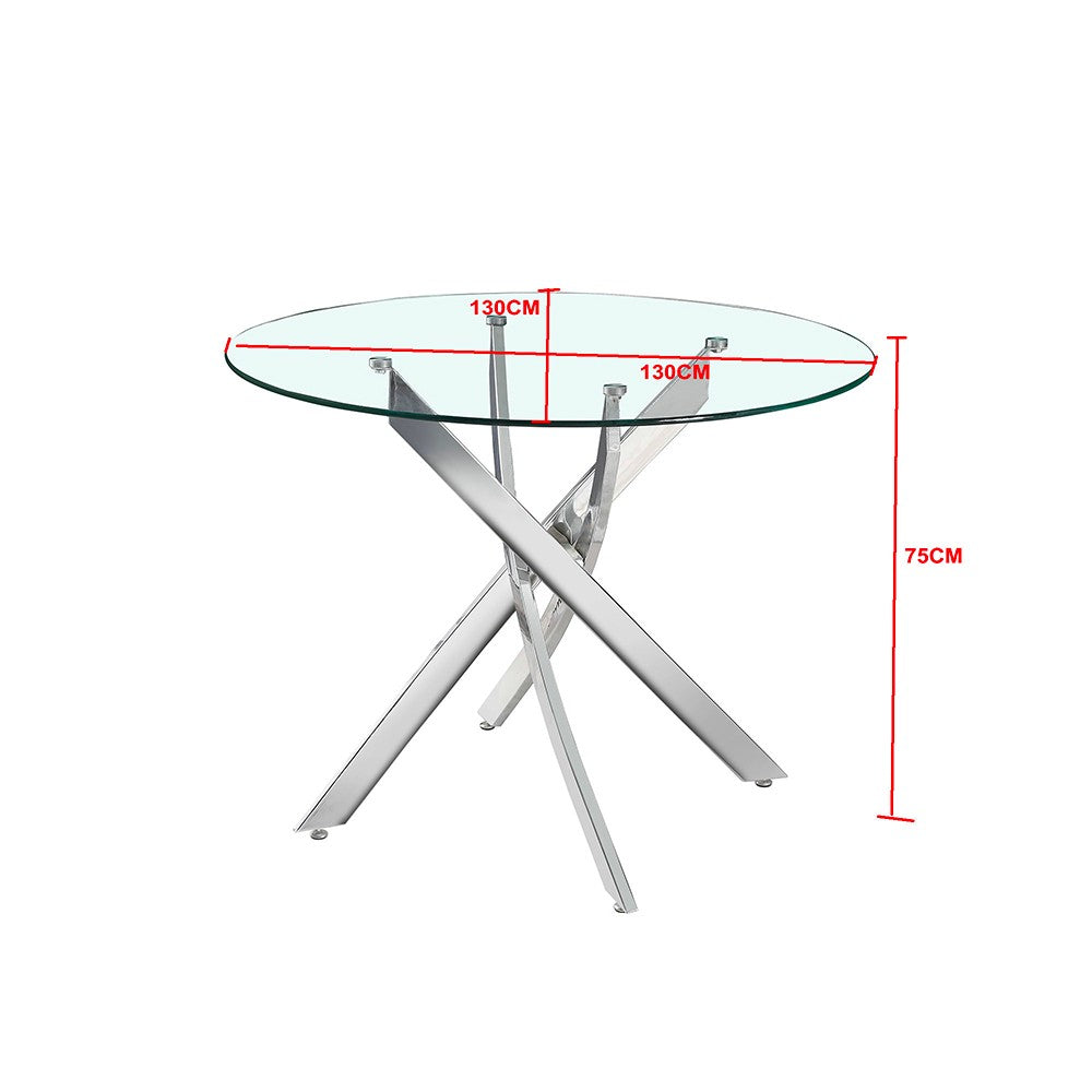Tavolo da pranzo tondo fisso Peyton con piano in vetro temperato e gambe cromate 130x130 cm.