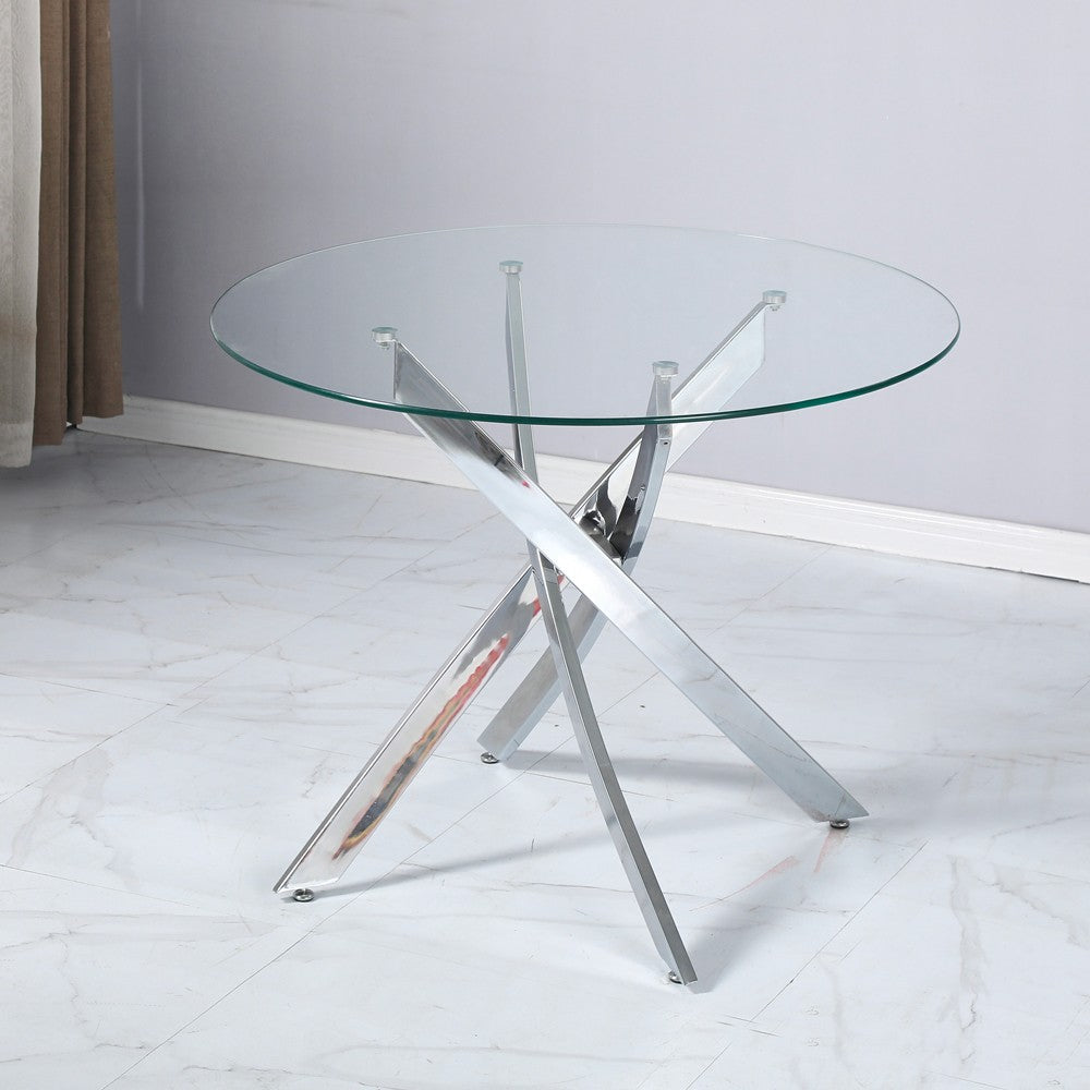 Tavolo da pranzo tondo fisso Peyton con piano in vetro temperato e gambe cromate 130x130 cm.
