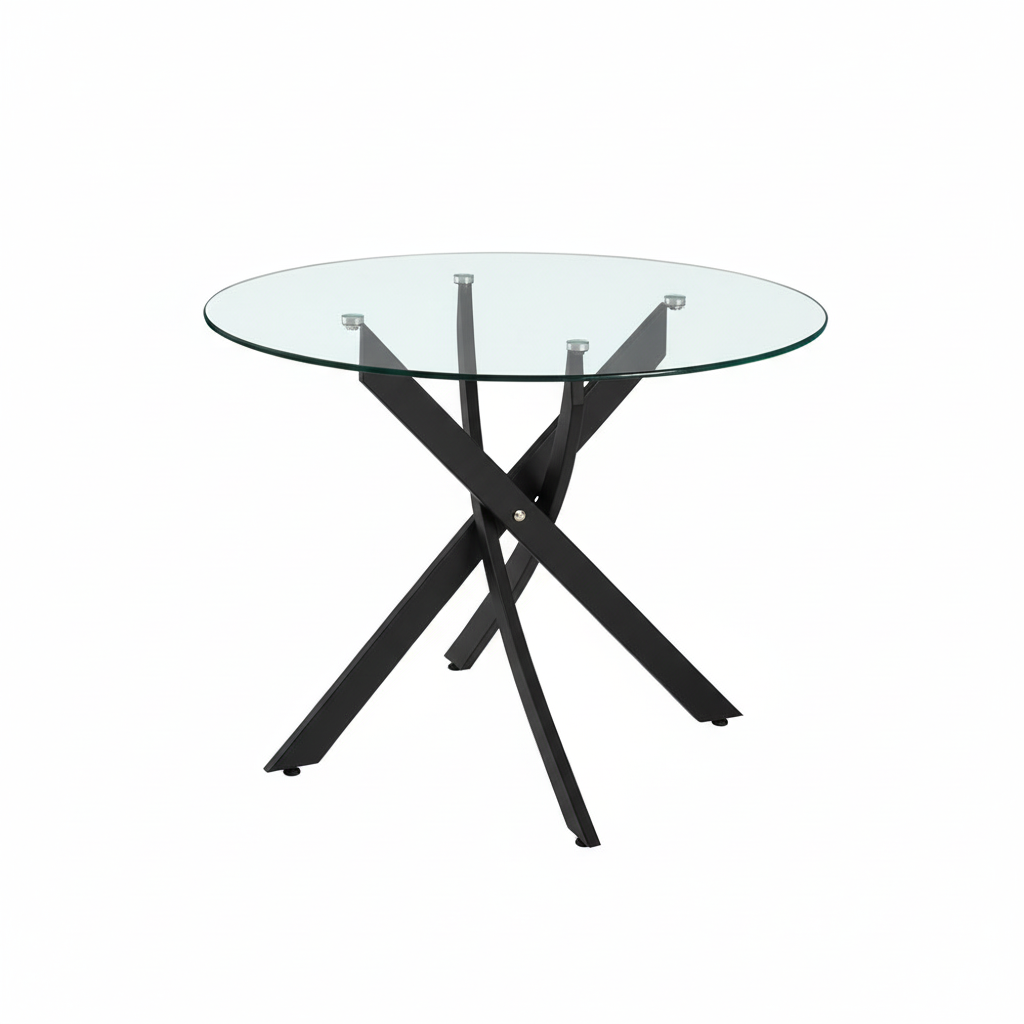 Tavolo da pranzo tondo fisso Peyton con piano in vetro temperato e gambe nere 100x100 cm.