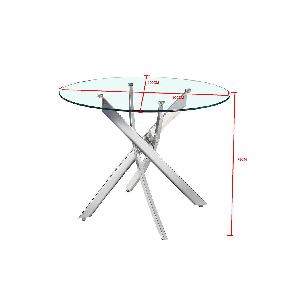 Tavolo da pranzo tondo fisso Peyton con piano in vetro temperato e gambe nere 100x100 cm.