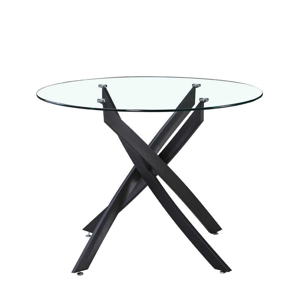 Tavolo da pranzo tondo fisso Peyton con piano in vetro temperato e gambe nere 100x100 cm.