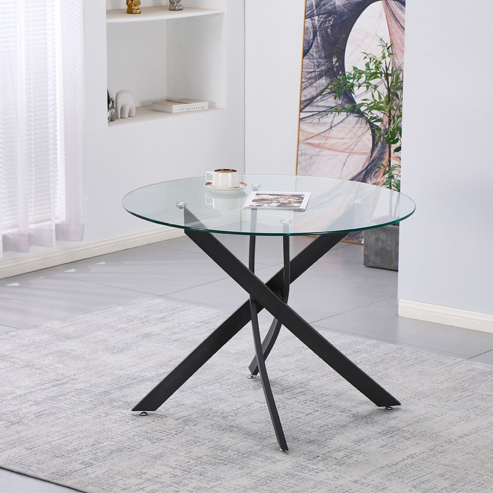Tavolo da pranzo tondo fisso Peyton con piano in vetro temperato e gambe nere 100x100 cm.