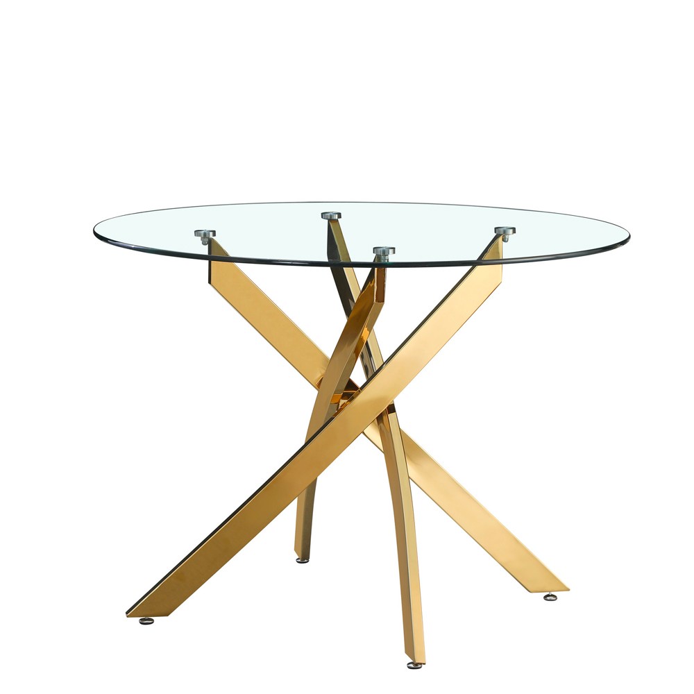 Tavolo da pranzo tondo fisso Peyton con piano in vetro temperato e gambe oro 100x100 cm.