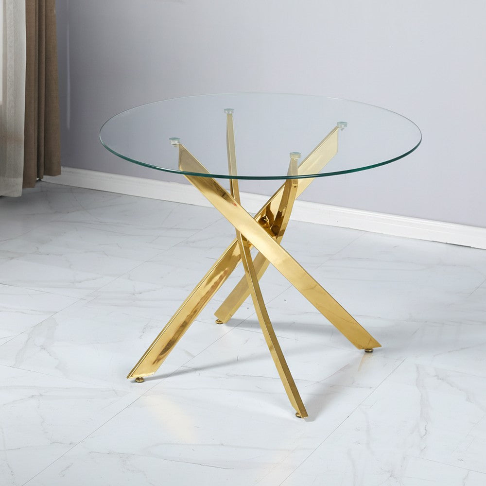Tavolo da pranzo tondo fisso Peyton con piano in vetro temperato e gambe oro 100x100 cm.