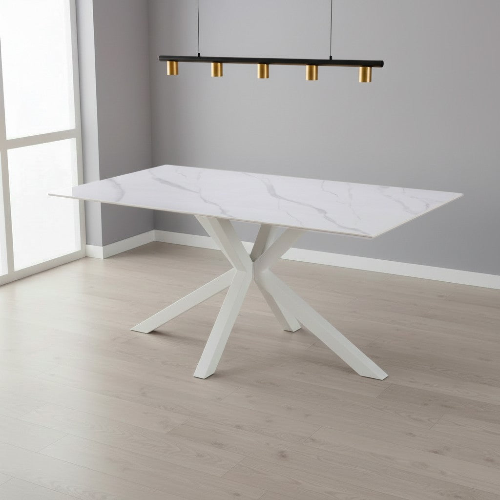 Tavolo fisso Hunter con piano in ceramica effetto marmo bianco opaco e gambe bianche