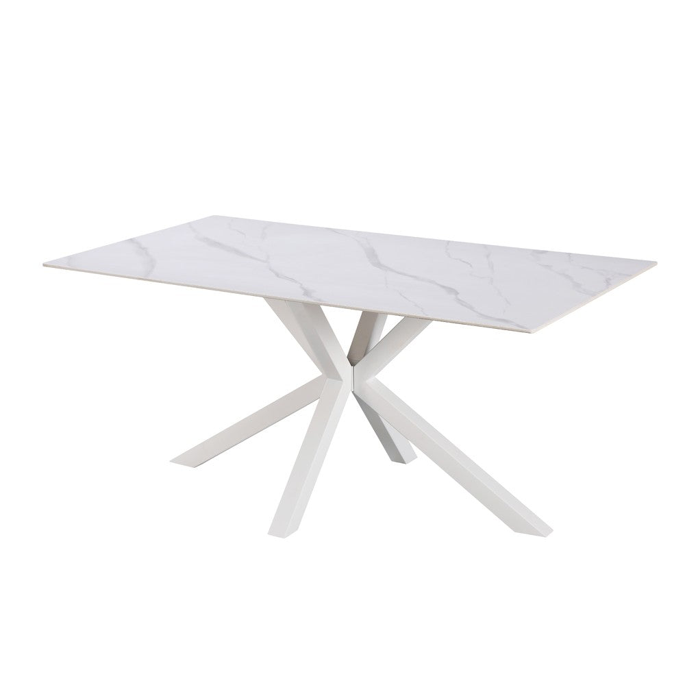 Tavolo fisso Hunter con piano in ceramica effetto marmo bianco opaco e gambe bianche
