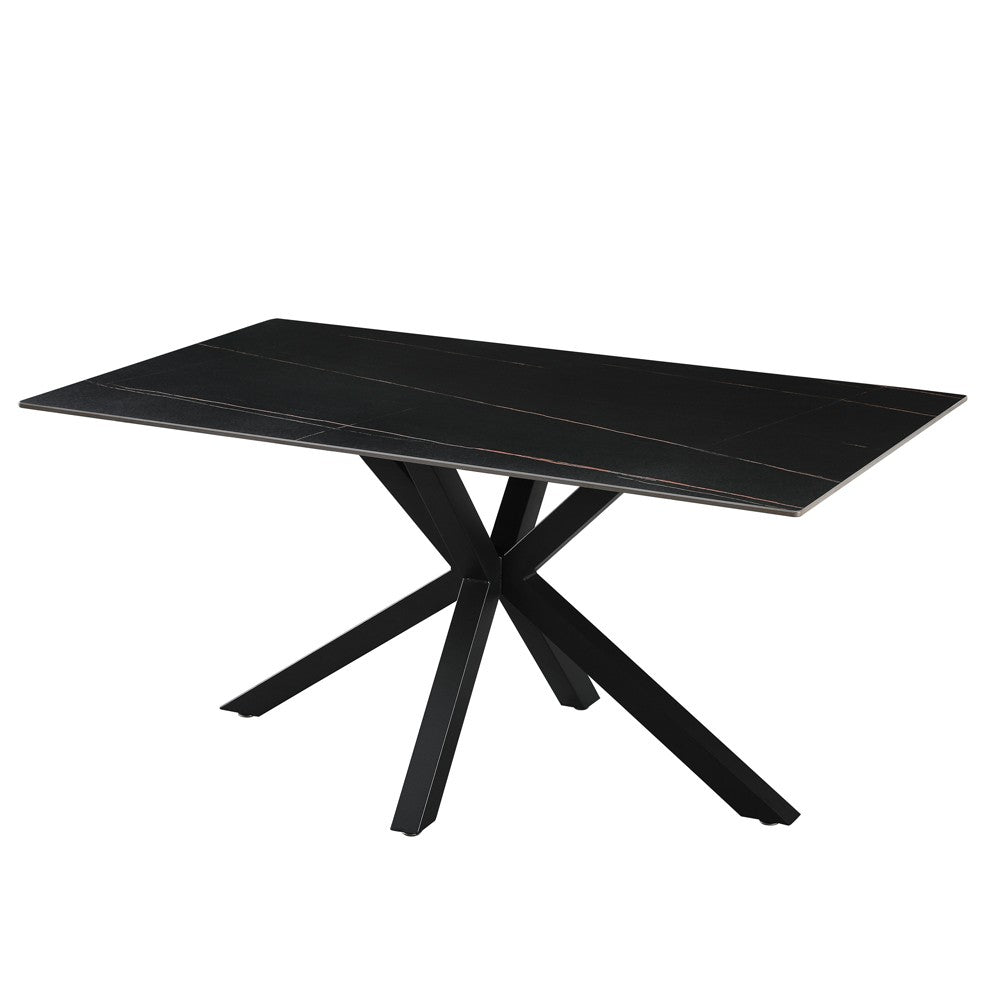 Tavolo fisso Hunter con piano in ceramica effetto marmo nero con venature oro opaco e gambe nere