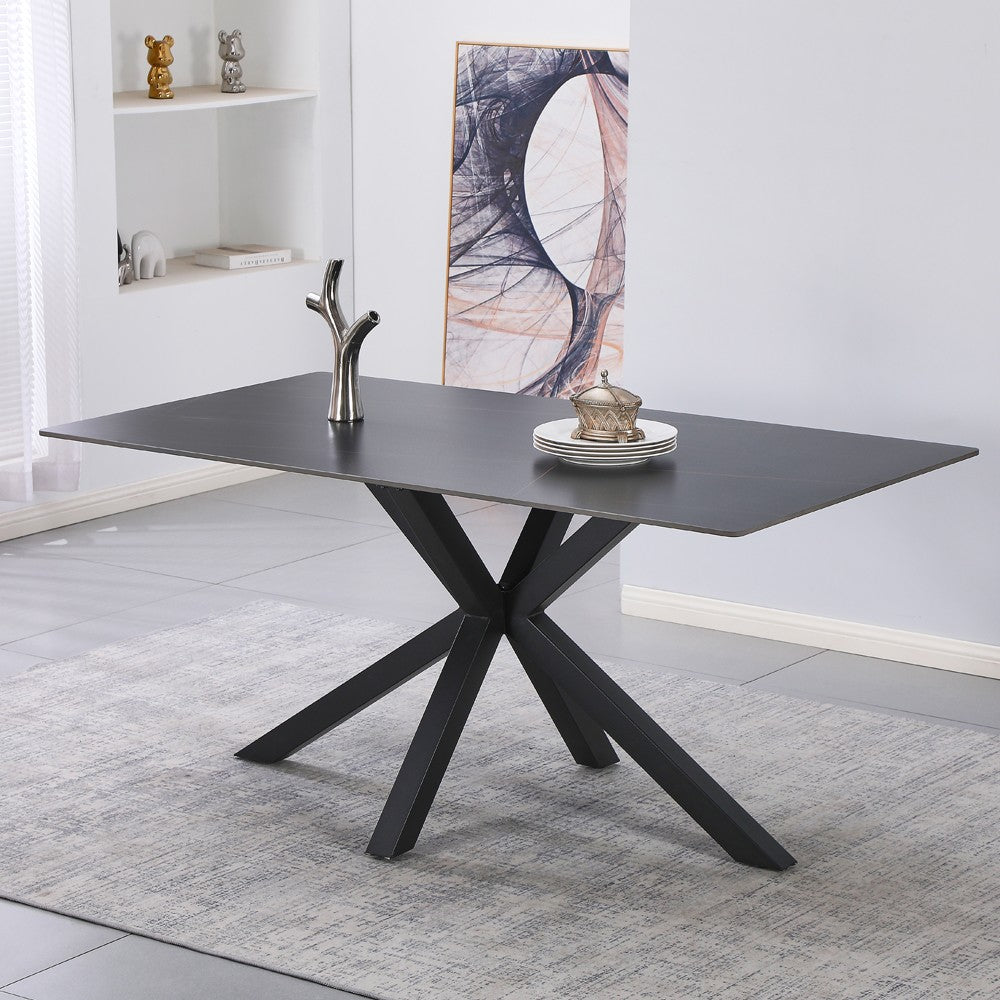 Tavolo fisso Hunter con piano in ceramica effetto marmo nero con venature oro opaco e gambe nere