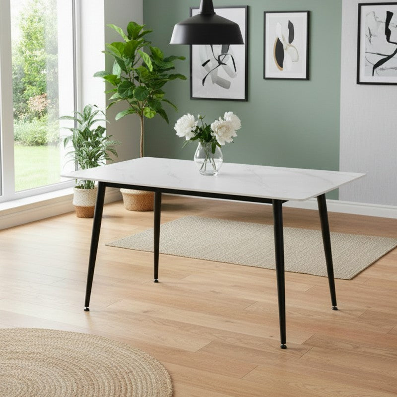 Tavolo fisso Kilo 140x80 cm. con piano in ceramica effetto marmo bianco opaco e gambe nere
