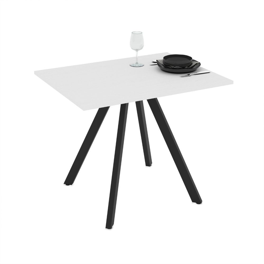 Tavolo fisso Lucas con piano in bianco frassinato e struttura in metallo nero