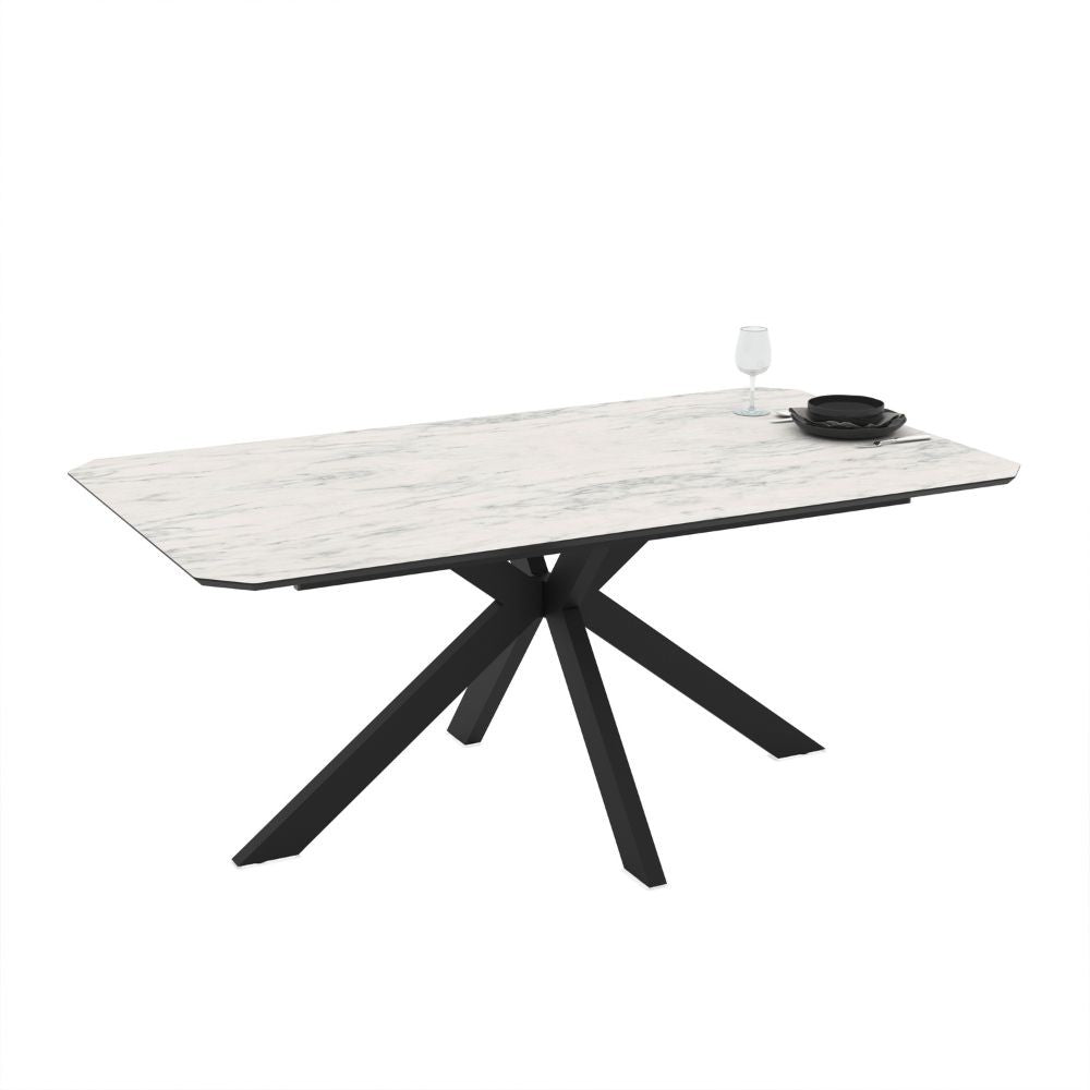 Tavolo fisso Opera con piano effetto marmo bianco opaco e struttura in metallo nero