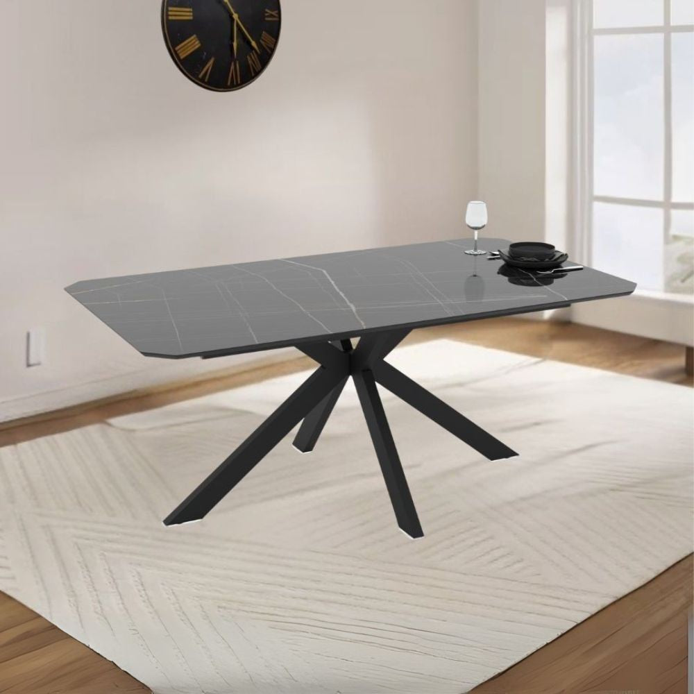 Tavolo fisso Opera con piano effetto marmo nero gold lucido e struttura in metallo nero